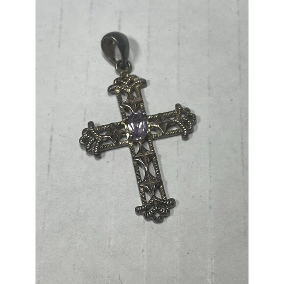 Vintage Sterling Silver 925 Amethyst Cross Crucifix Pendant for Necklace - Picture 1 of 5